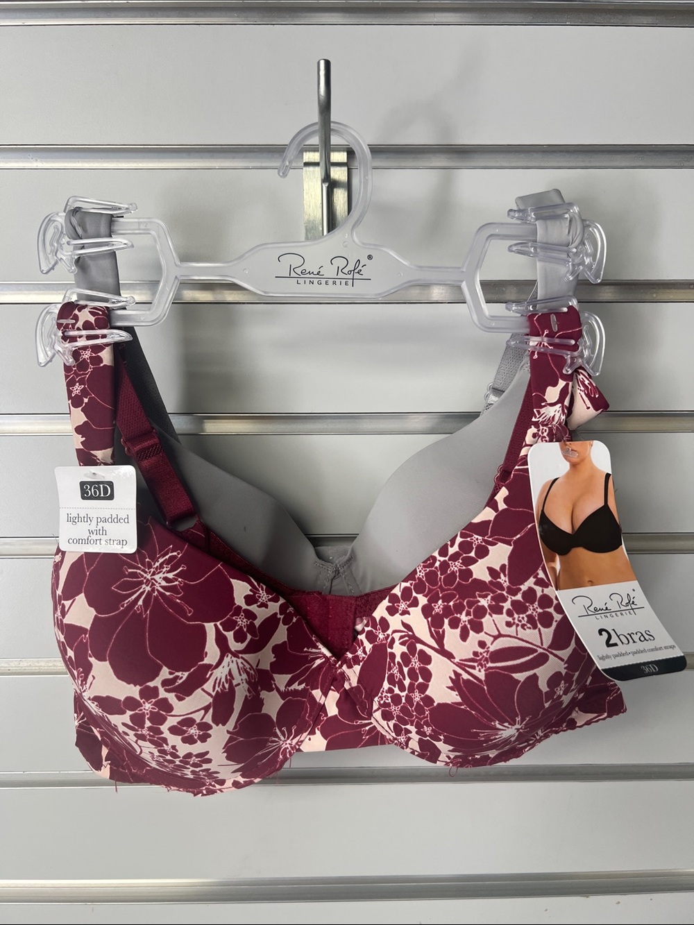 2 Pack Rene Rofe Burgundy Floral T-Shirt Bras